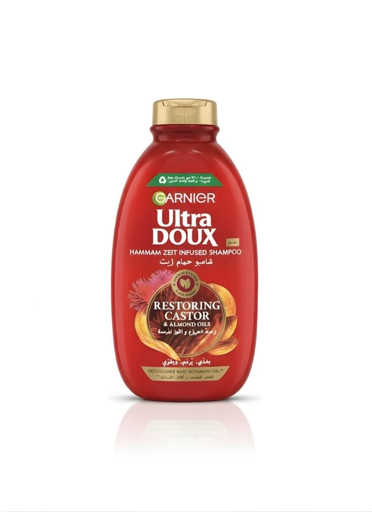 Ultra doux Garnier Ultra Doux Hammam Zeit Infused Shampoo with Castor & Almond Oils – Red Bottle Restoring Hair Shampoo, Red Color, 1 Pc - Image 1